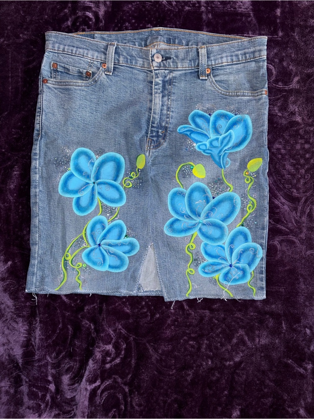 Hand-Painted Floral Upcycled Vintage Levi Midi Skirt